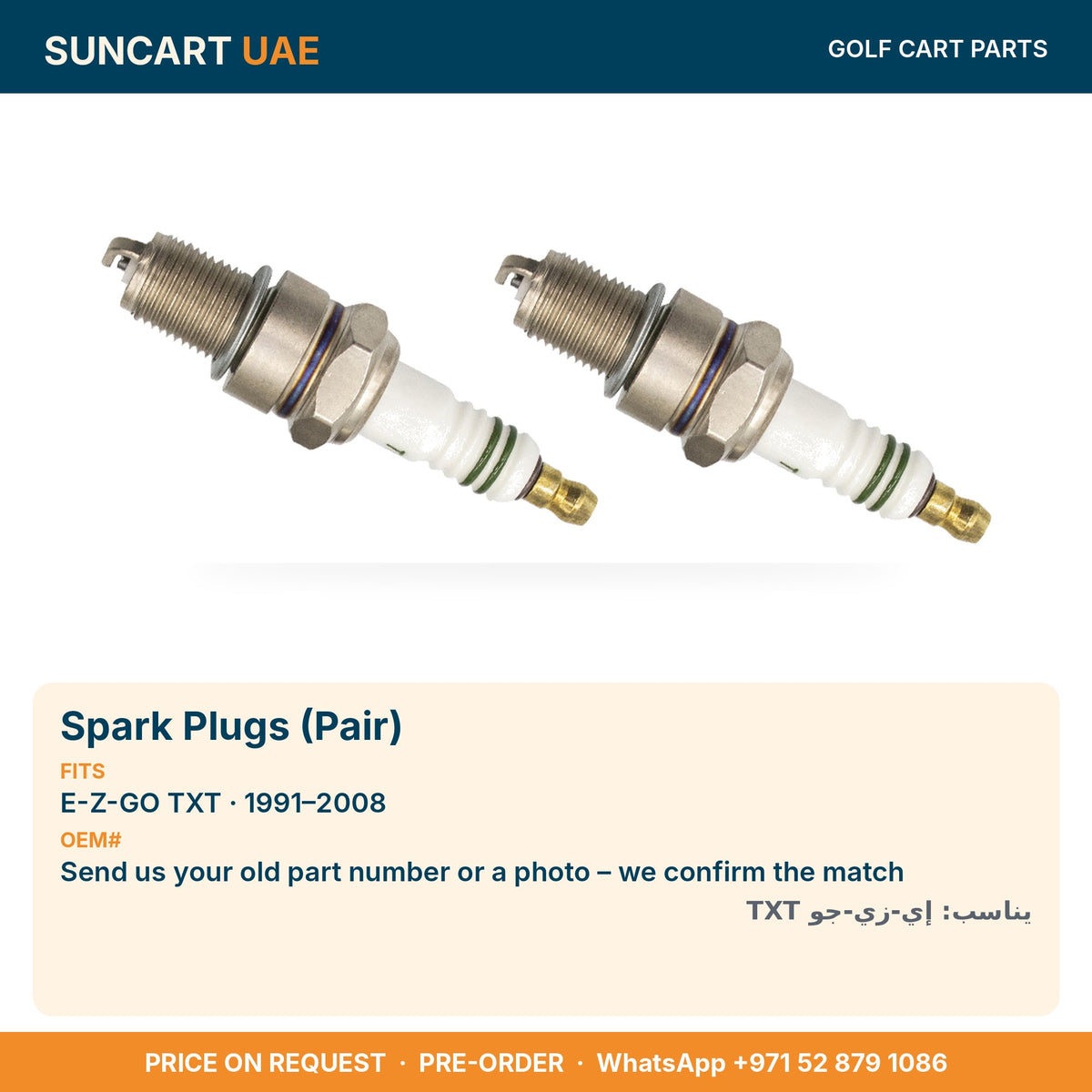 Spark Plugs (Pair) for E-Z-GO TXT golf carts – fitment card