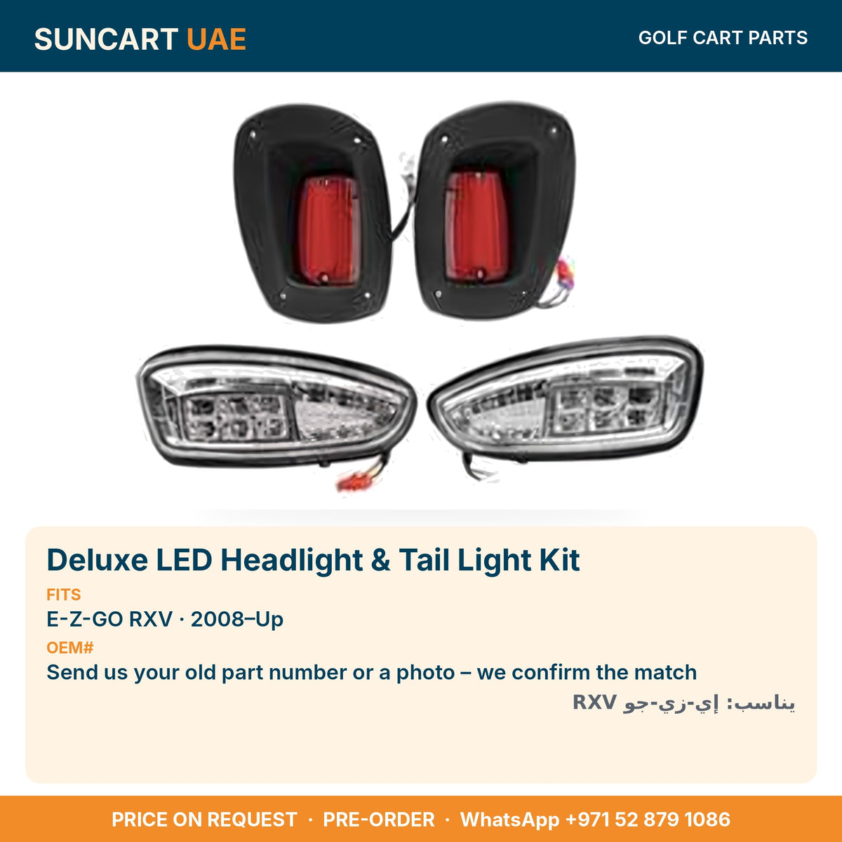 Deluxe LED Headlight & Tail Light Kit for E-Z-GO RXV golf carts – fitment card