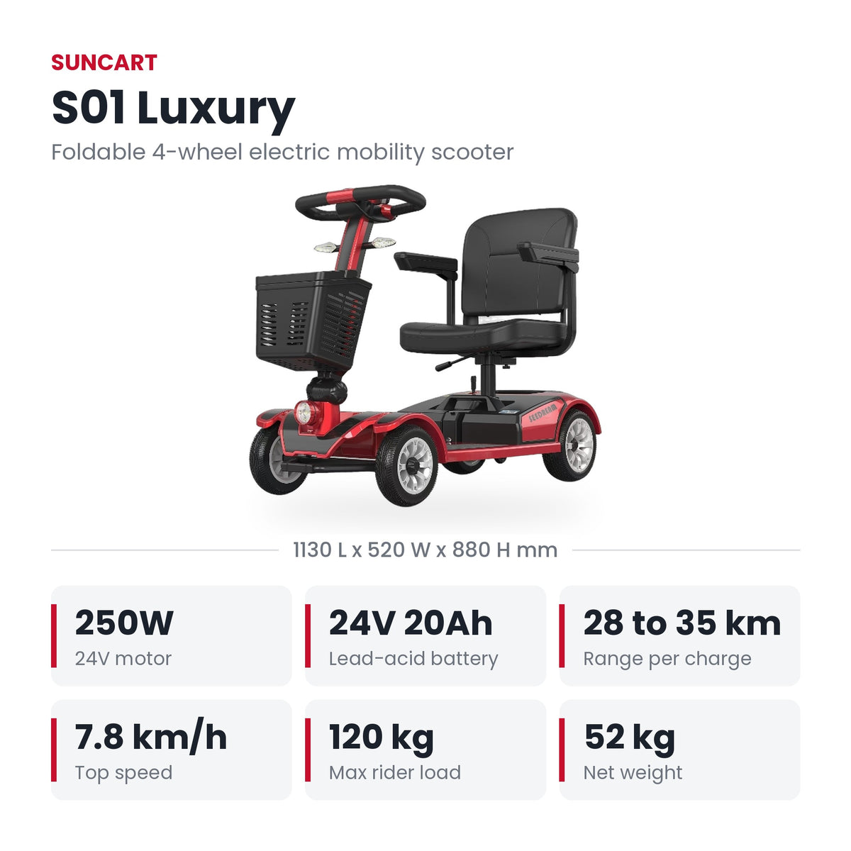 Suncart S01 Luxury foldable mobility scooter for elderly in Red – specifications: motor, battery, range, speed, load and weight