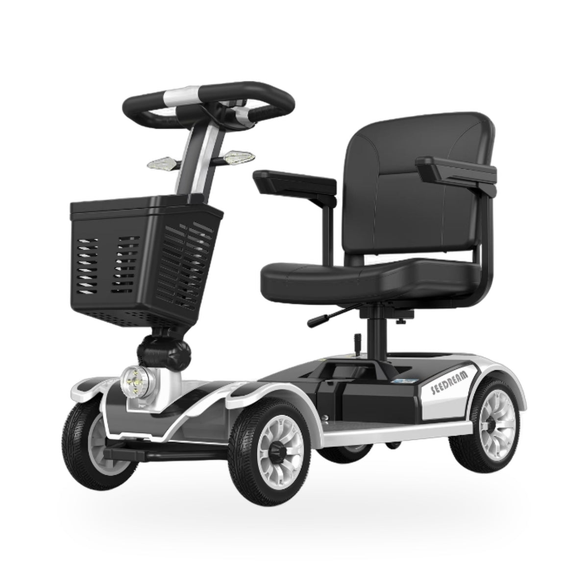 Suncart S01 Luxury foldable mobility scooter for elderly in Silver – front three-quarter view on white