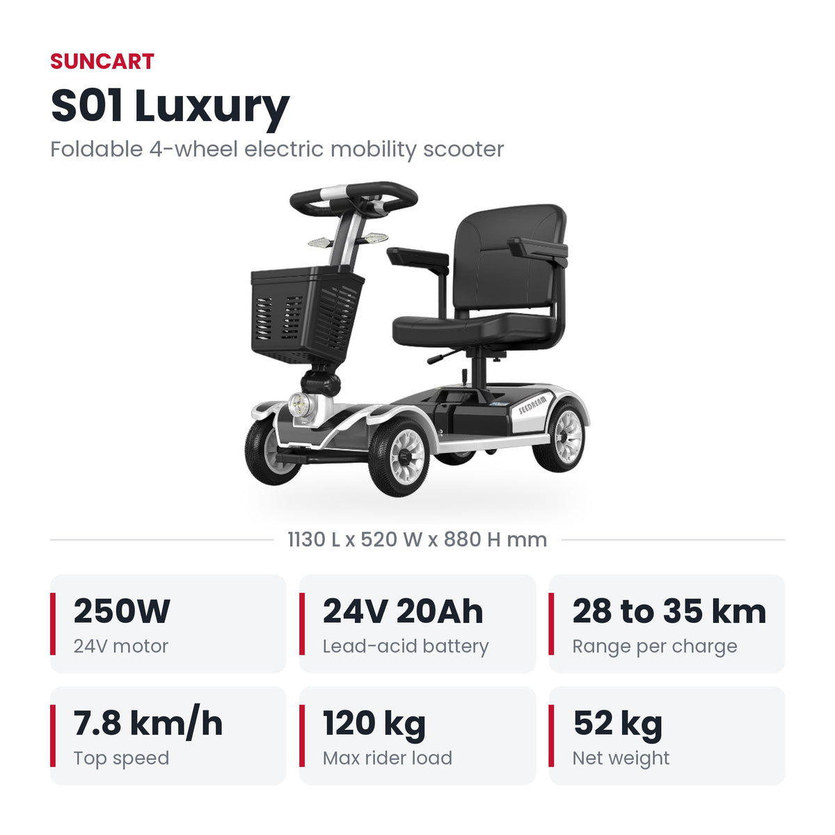 Suncart S01 Luxury foldable mobility scooter for elderly in Silver – specifications: motor, battery, range, speed, load and weight