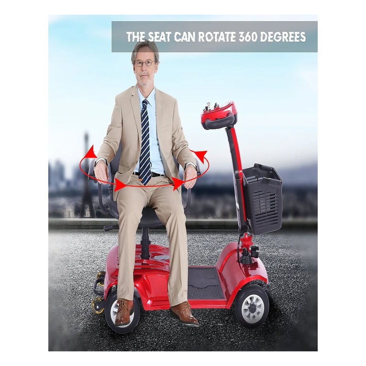 Suncart S02 KingKong lightweight folding mobility scooter for elderly in Red – 360 degree swivel seat
