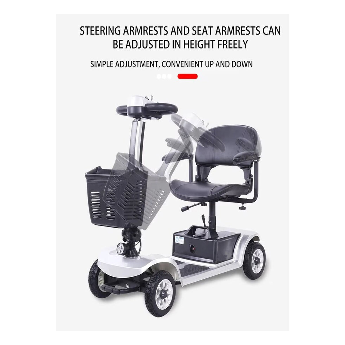 Suncart S02 KingKong lightweight folding mobility scooter for elderly in Silver – height-adjustable armrests and steering column