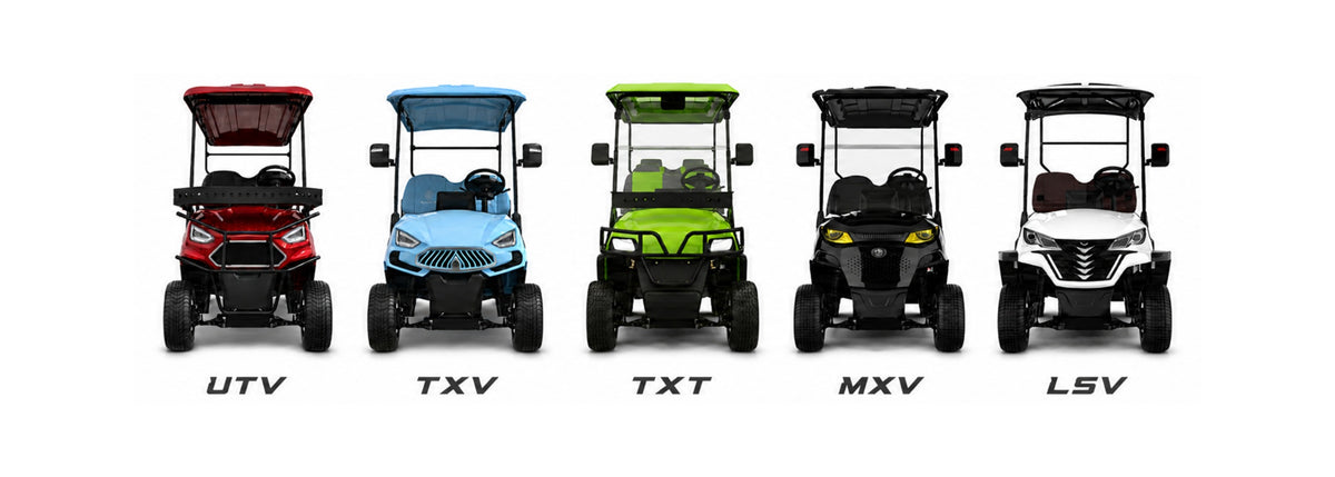 Suncart golf cart lineup UTV TXV TXT MXV LSV on white background