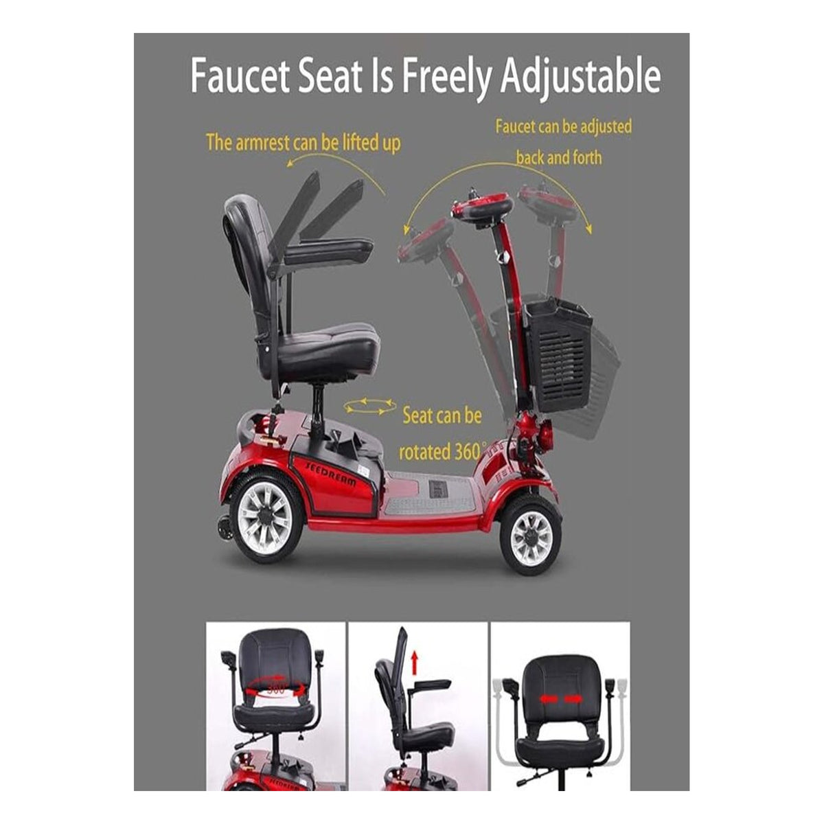 Suncart S01 Luxury foldable mobility scooter for elderly in Red – adjustable seat and tiller
