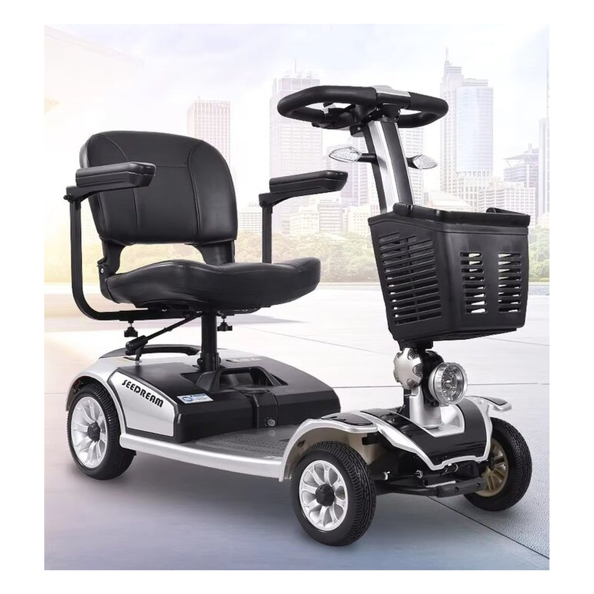Suncart S01 Luxury foldable mobility scooter for elderly in Silver – in the city