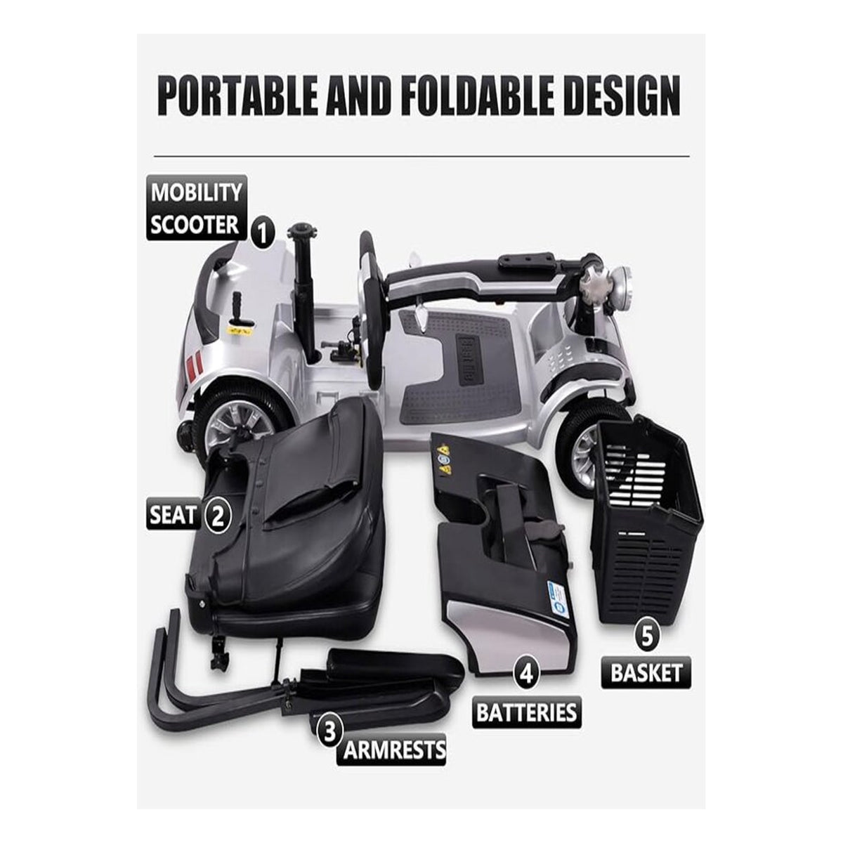 Suncart S01 Luxury foldable mobility scooter for elderly in Silver – foldable design, separates into 5 parts