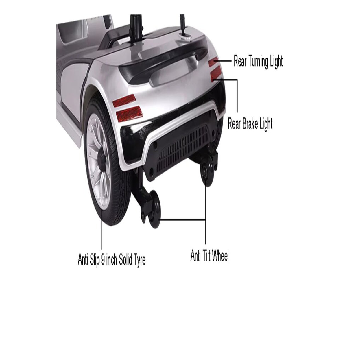 Suncart S01 Luxury foldable mobility scooter for elderly in Silver – rear lights and anti-tilt wheels