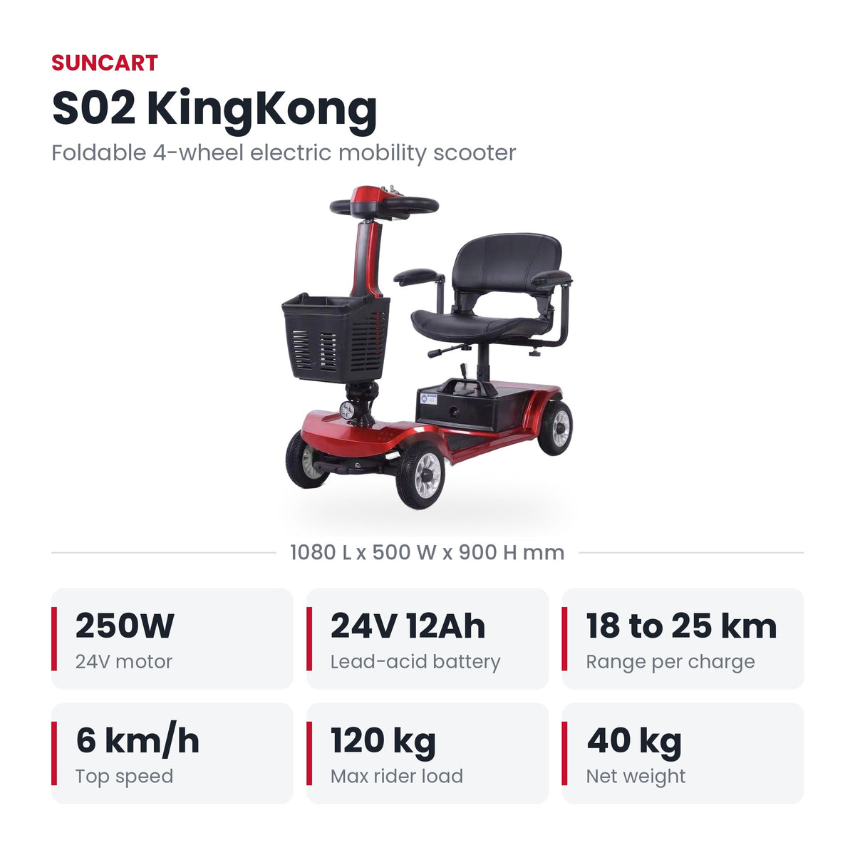 Suncart S02 KingKong lightweight folding mobility scooter for elderly in Red – specifications: motor, battery, range, speed, load and weight