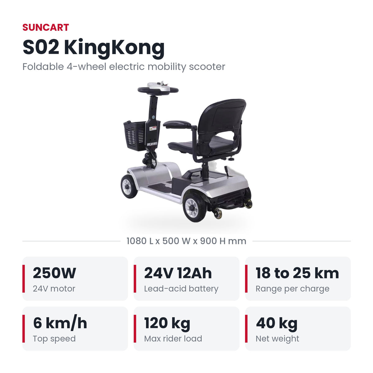 Suncart S02 KingKong lightweight folding mobility scooter for elderly in Silver – specifications: motor, battery, range, speed, load and weight